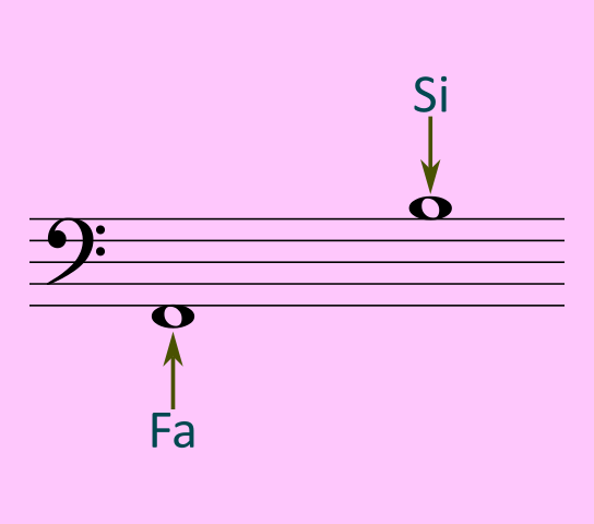Las nota debajo de la primera línea y encima de la quinta línea; fa y si, respectivamente.